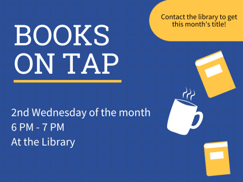 a picture of mugs and books with the words "books on tap" 