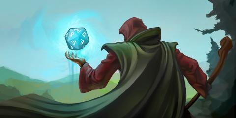 Game play dungeon master holding dice.