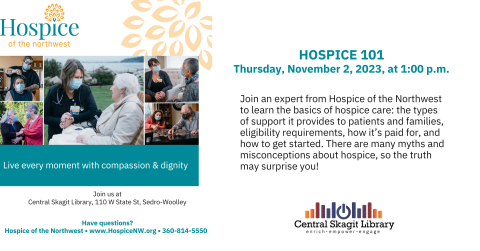 A picture of elderly people smiling and being taken care of by Hospice workers. Text on right hand side describes the same information found within this event description.