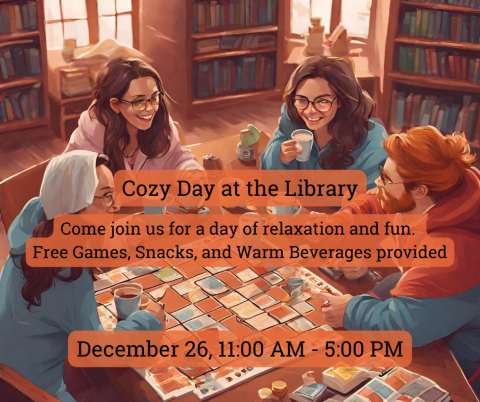 A sketch of four people sitting around a table, smiling, drinking coco, and playing a board game at the library.