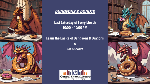 Four pictures of dragons eating donuts. Overlaying text provides the same information that is found on this event page.