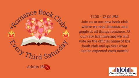 An image of a book opening up with hearts pouring out of it. The title reads *Romance Book Club* it has peppers and flames to either side of the title. The rest of the image displays the image provided within this event page.