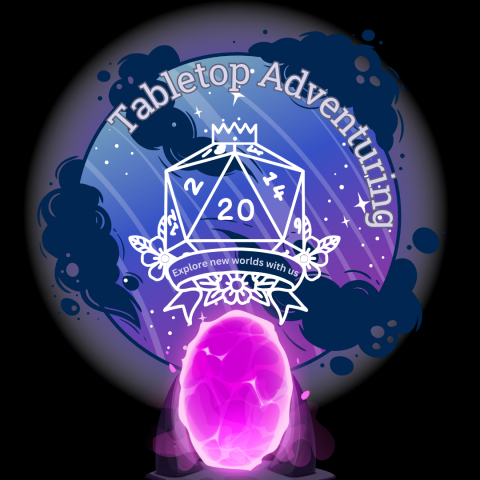 Image of a blue and purple sphere with purple clouds. The words "Table Top Adventure" are sprawled across the top. In the center is a 20 sided dice with the words "Explore new worlds with us." And at the bottom is a pink portal.