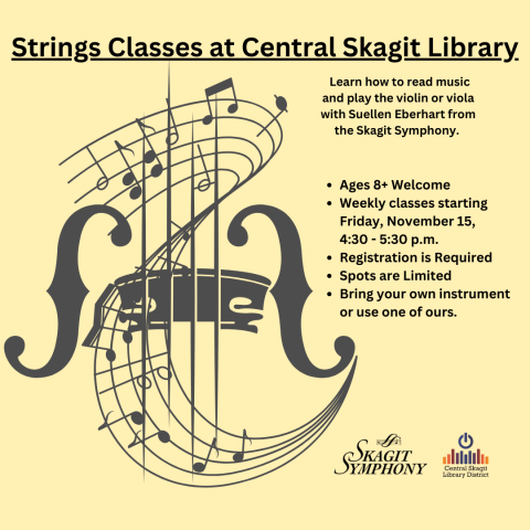 A flyer in yellow that has the outline of a violin with musical notes swirling around the strings. The text on the flyer shares all the same information found on this event page.