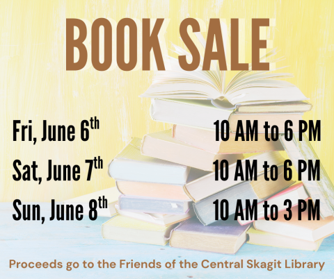 A picture of a pile of books with the words Book Sale across the top