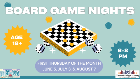 Picture of a chess board and dice with the words Board Game Nights.