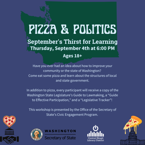 Image of the State of Washington along with some government building outlines and pizza. All event information shared in the graphic is found on this event page. 