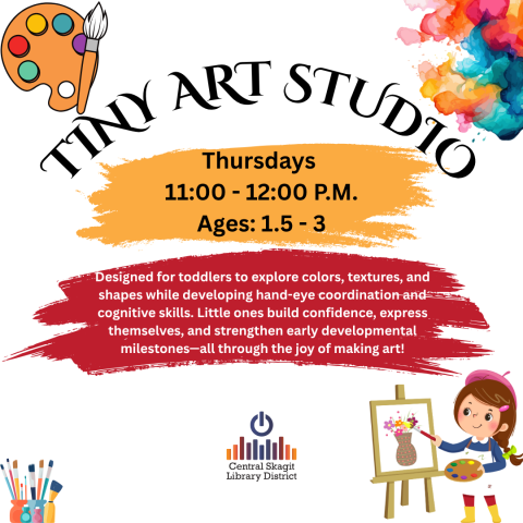 A graphic of paint splotches and a animated child painting a vase of flowers. The details on the graphic are the exact same details that you will find on this events information page.