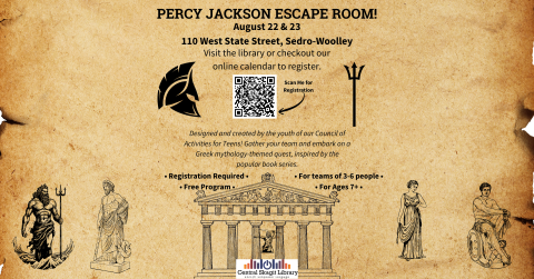 Percy Jackson Escape Room. The graphic has Greek themed art on an old papyrus style piece of paper. The information provided is the same as can be found on this events detail page.