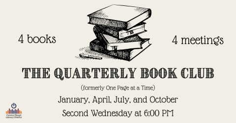 A stack of books with the words Quarterly Book Club below