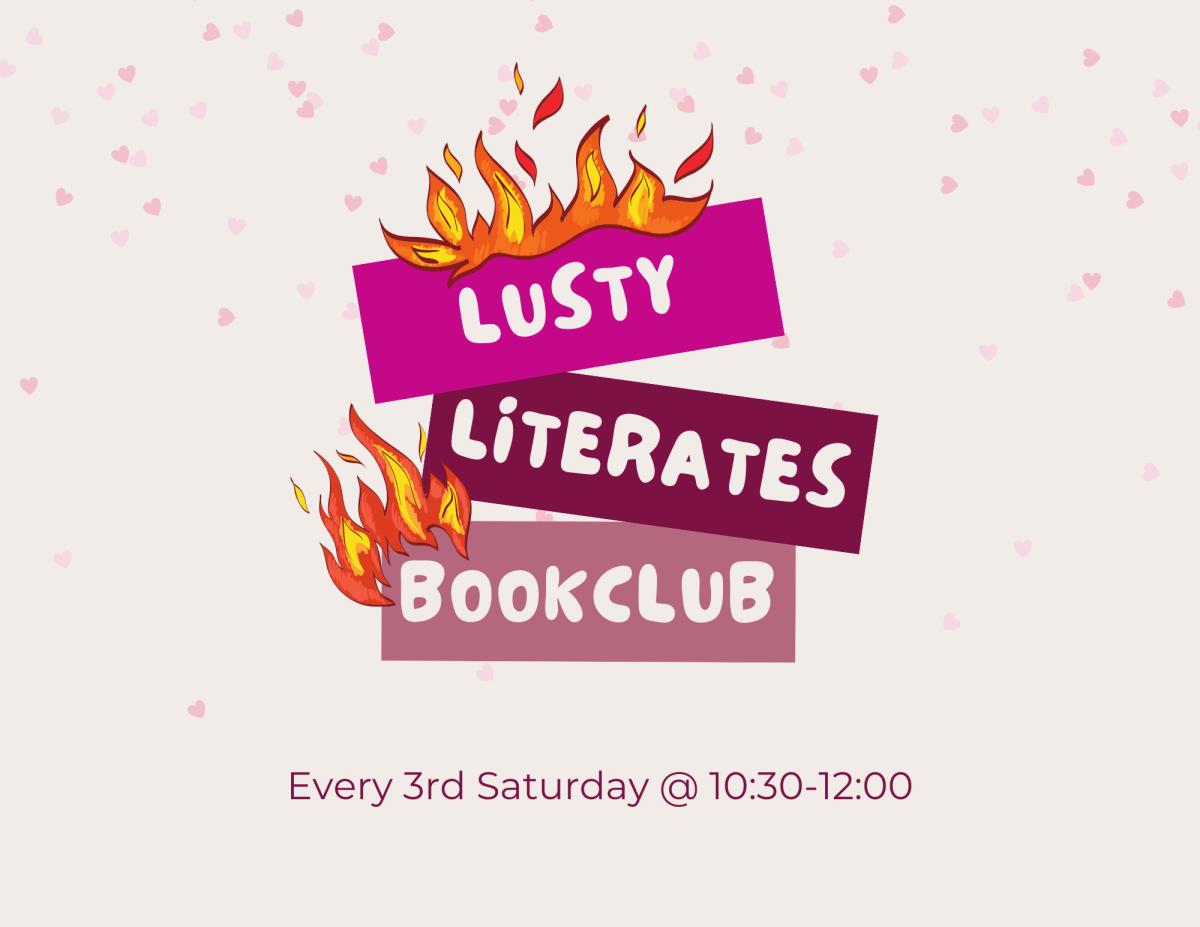 Three books, hearts, and some flames with the words Lusty Literates Bookclub on them.