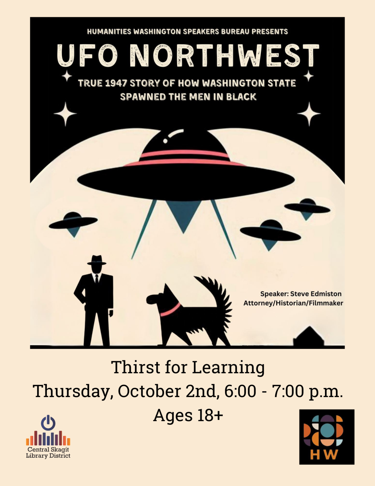 Graphic of a UFO pulling up a dog. Has all the details as found on this event's page.