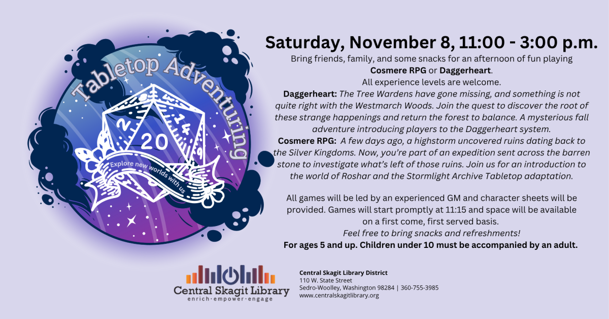 Tabletop Adventuring Saturday, November 8, 11:00 - 3:00 p.m.